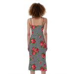 Red Roses Houndstooth Pattern Print Slim Fit Midi Cami Dress