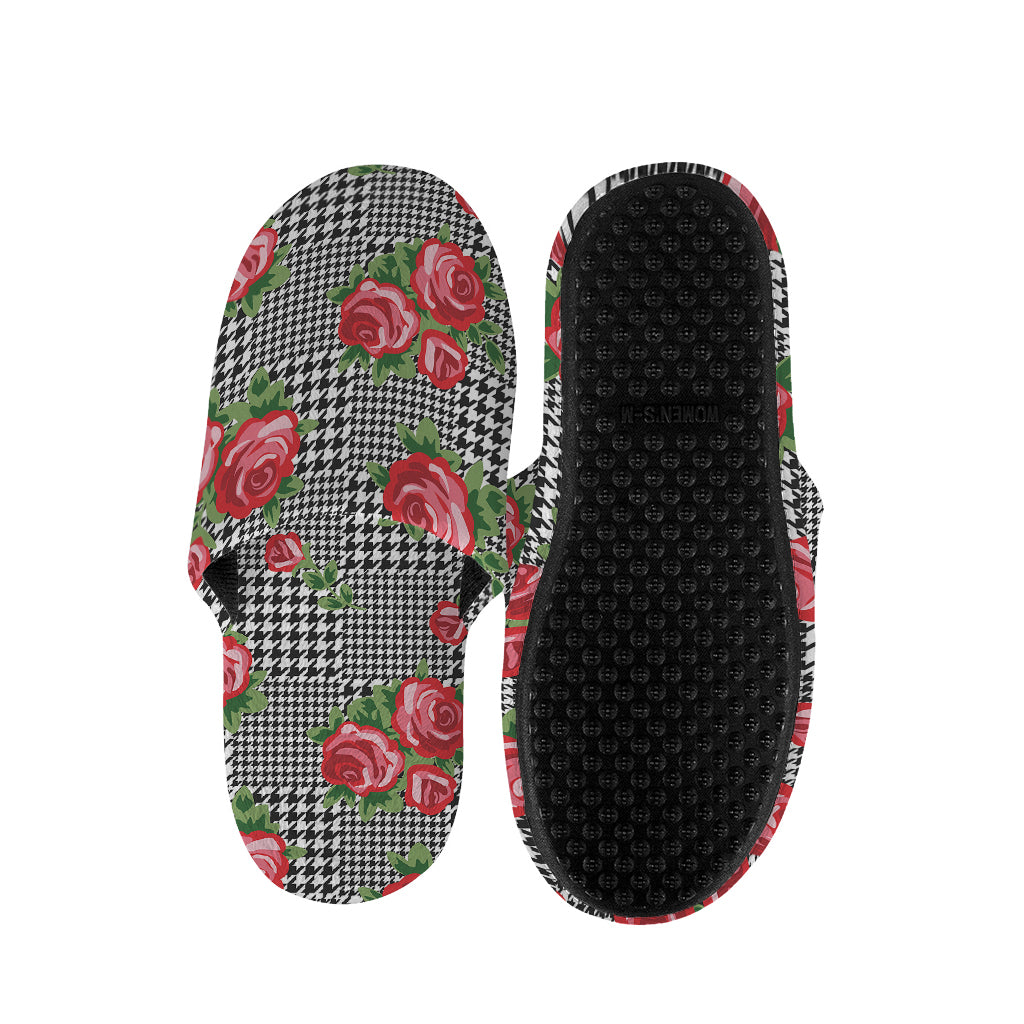 Red Roses Houndstooth Pattern Print Slippers
