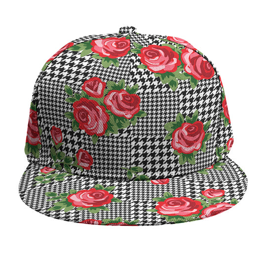 Red Roses Houndstooth Pattern Print Snapback Cap