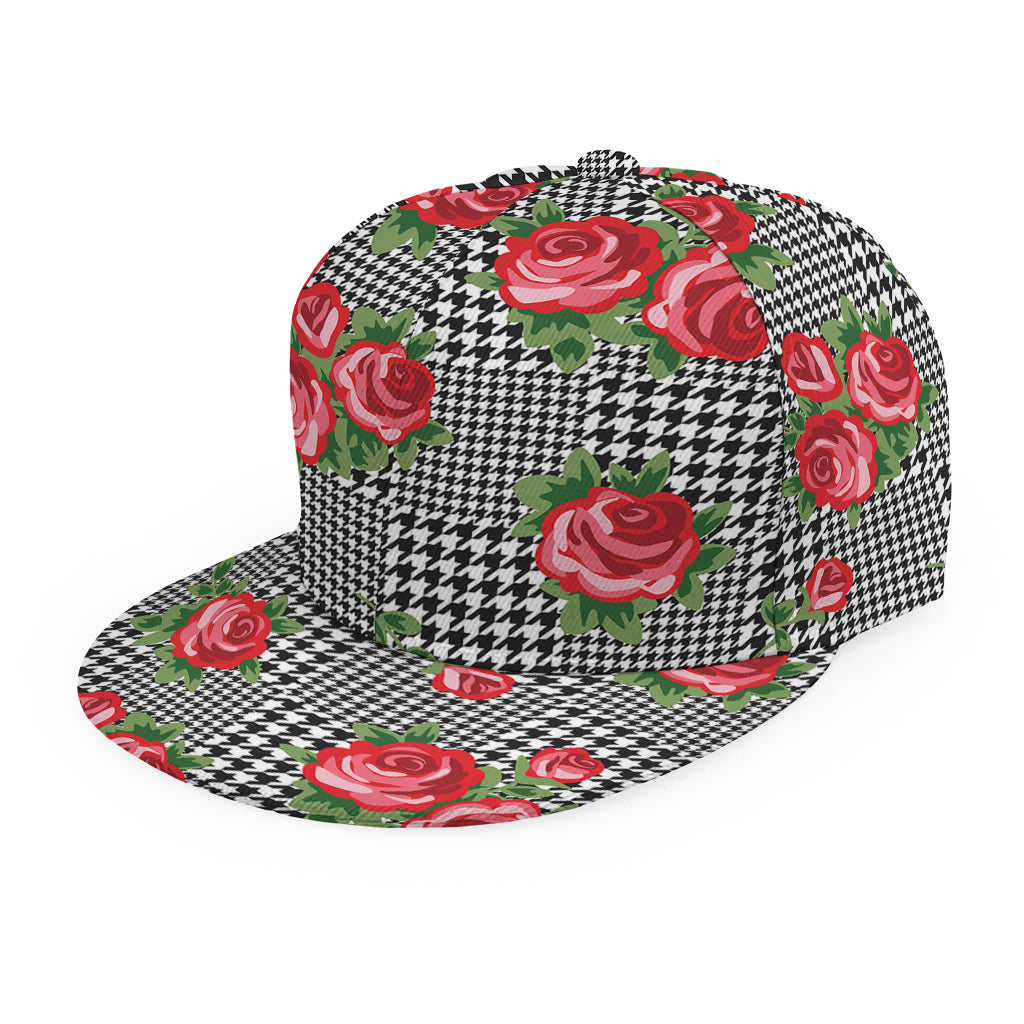 Red Roses Houndstooth Pattern Print Snapback Cap