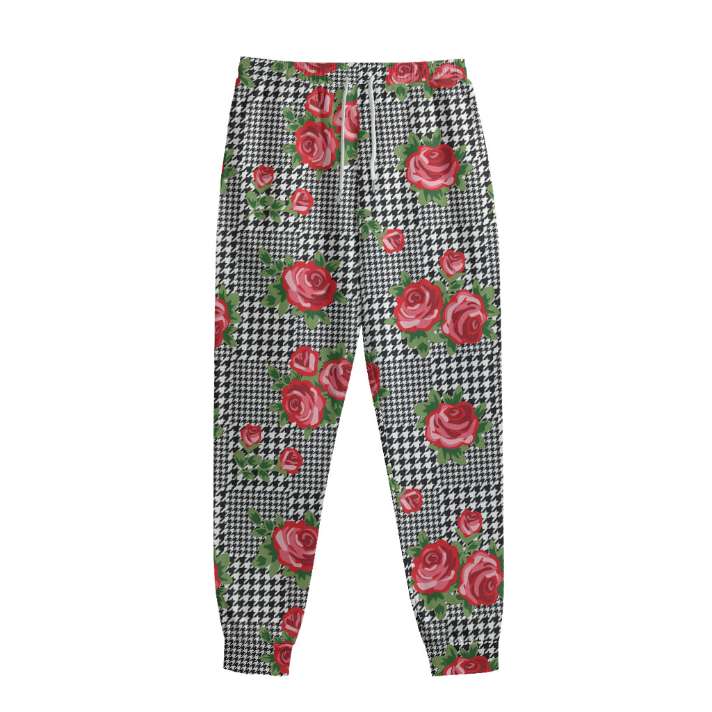Red Roses Houndstooth Pattern Print Sweatpants