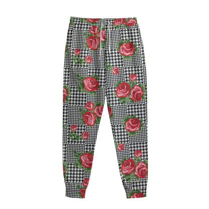 Red Roses Houndstooth Pattern Print Sweatpants