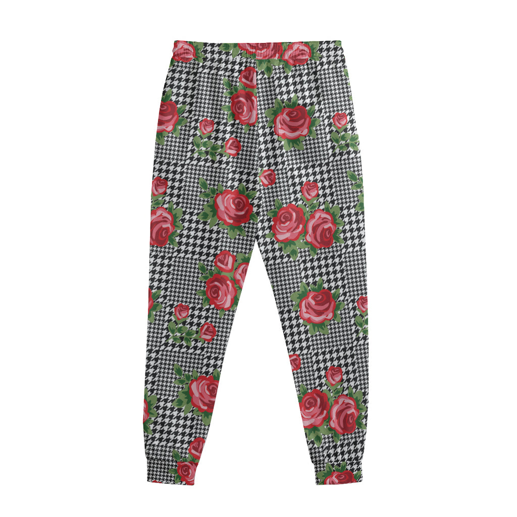 Red Roses Houndstooth Pattern Print Sweatpants