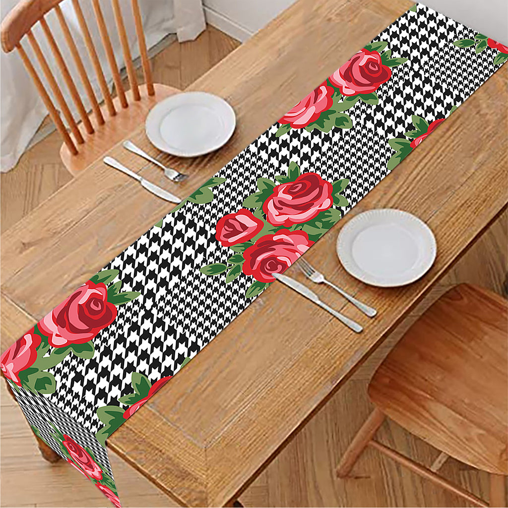 Red Roses Houndstooth Pattern Print Table Runner