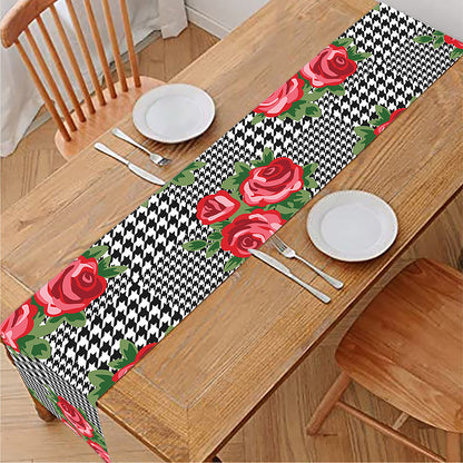 Red Roses Houndstooth Pattern Print Table Runner