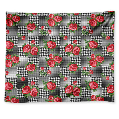 Red Roses Houndstooth Pattern Print Tapestry