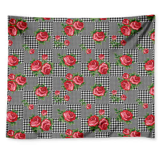 Red Roses Houndstooth Pattern Print Tapestry