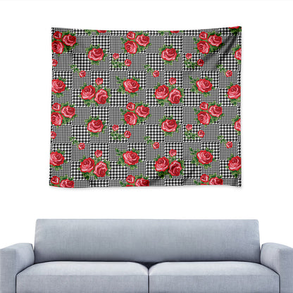 Red Roses Houndstooth Pattern Print Tapestry