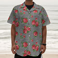 Red Roses Houndstooth Pattern Print Textured Short Sleeve Shirt