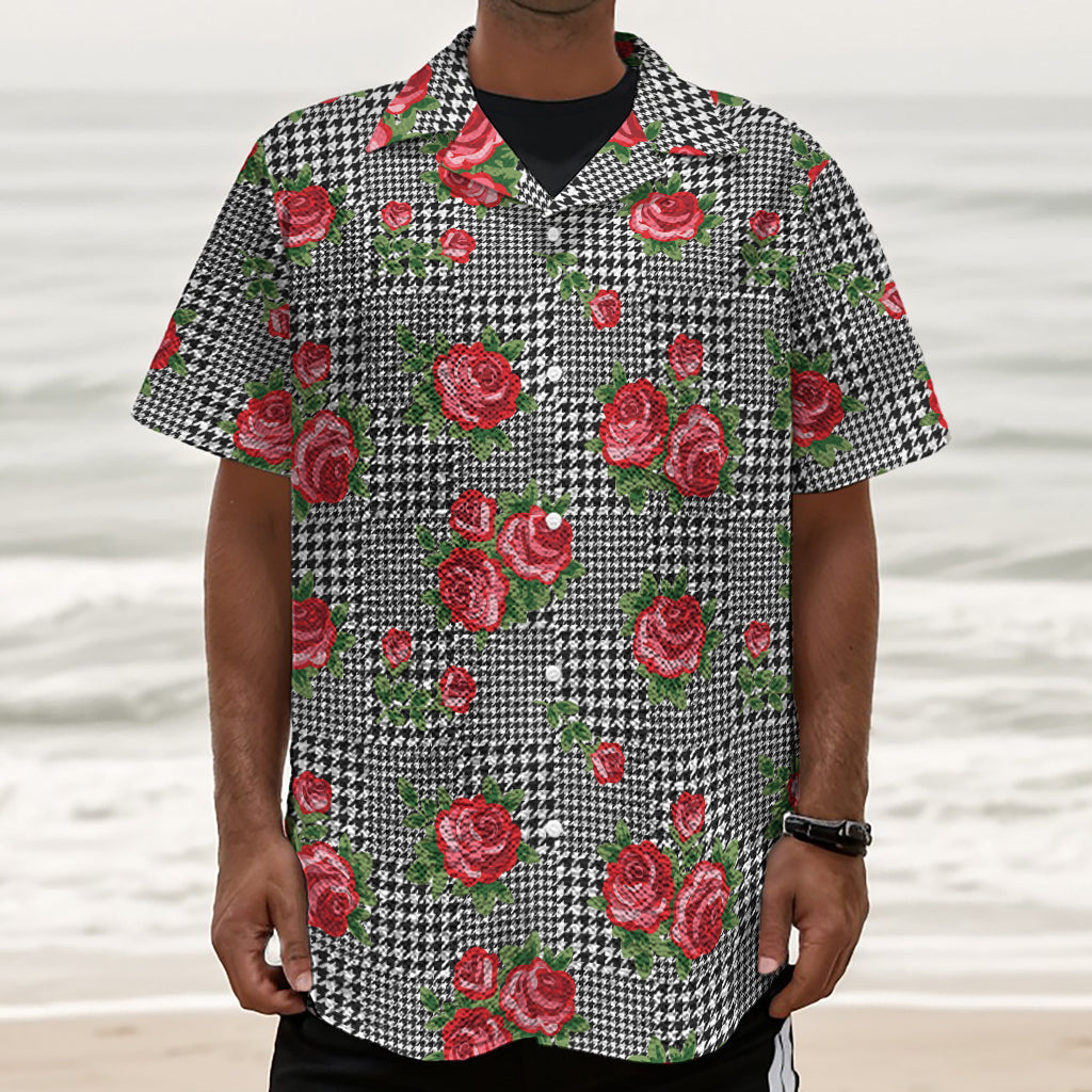 Red Roses Houndstooth Pattern Print Textured Short Sleeve Shirt