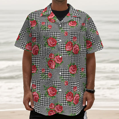 Red Roses Houndstooth Pattern Print Textured Short Sleeve Shirt