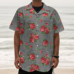 Red Roses Houndstooth Pattern Print Textured Short Sleeve Shirt