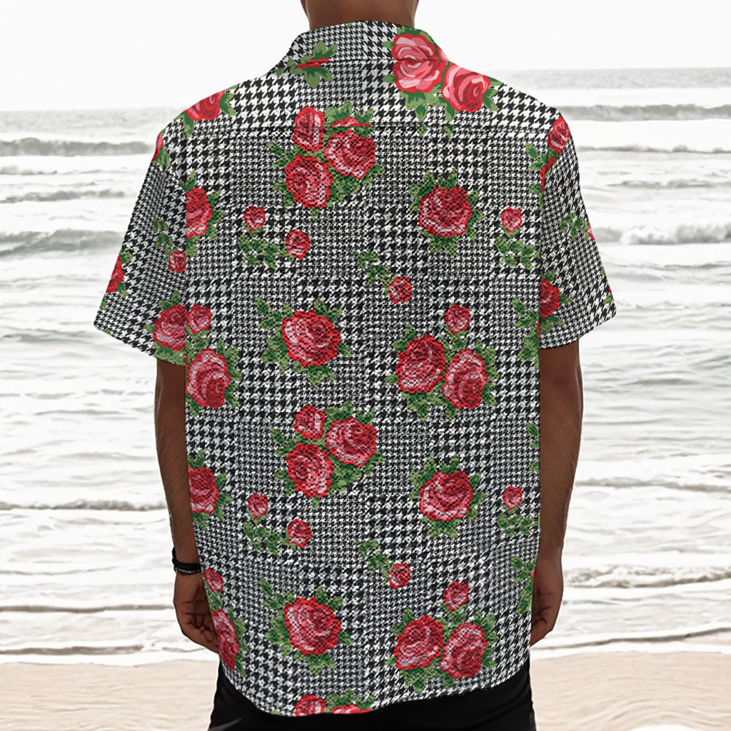 Red Roses Houndstooth Pattern Print Textured Short Sleeve Shirt