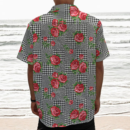 Red Roses Houndstooth Pattern Print Textured Short Sleeve Shirt