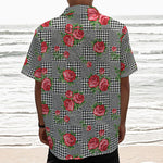 Red Roses Houndstooth Pattern Print Textured Short Sleeve Shirt