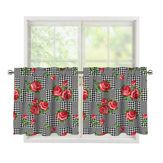 Red Roses Houndstooth Pattern Print Tier Curtains