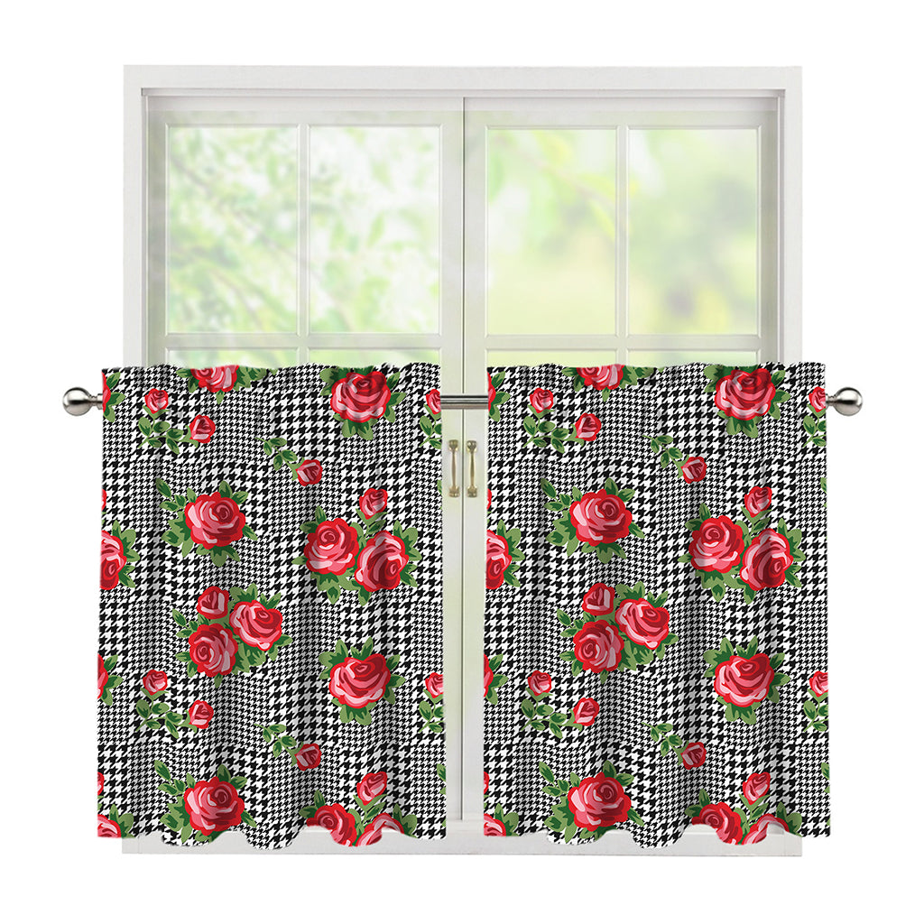Red Roses Houndstooth Pattern Print Tier Curtains