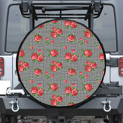 Red Roses Houndstooth Pattern Print Tire Cover