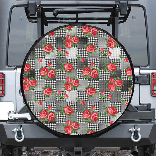 Red Roses Houndstooth Pattern Print Tire Cover