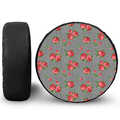 Red Roses Houndstooth Pattern Print Tire Cover