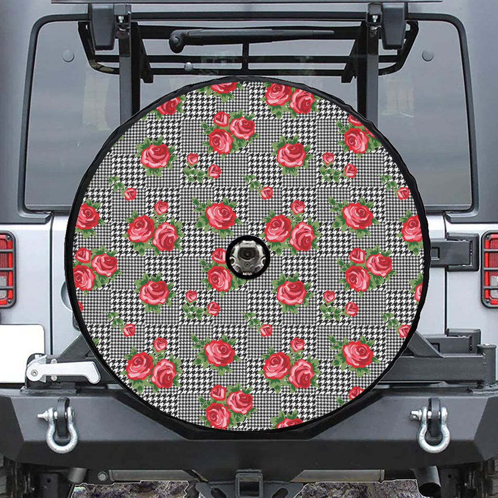 Red Roses Houndstooth Pattern Print Tire Cover With Camera Hole