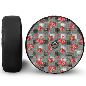 Red Roses Houndstooth Pattern Print Tire Cover With Camera Hole