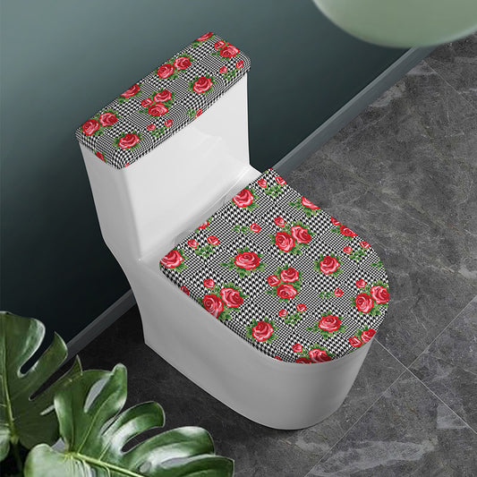 Red Roses Houndstooth Pattern Print Toilet Lid And Tank Cover Set