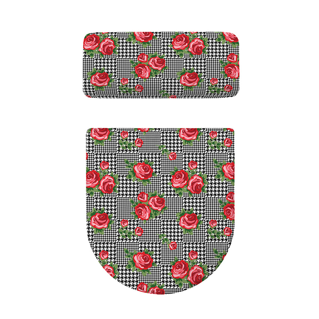 Red Roses Houndstooth Pattern Print Toilet Lid And Tank Cover Set