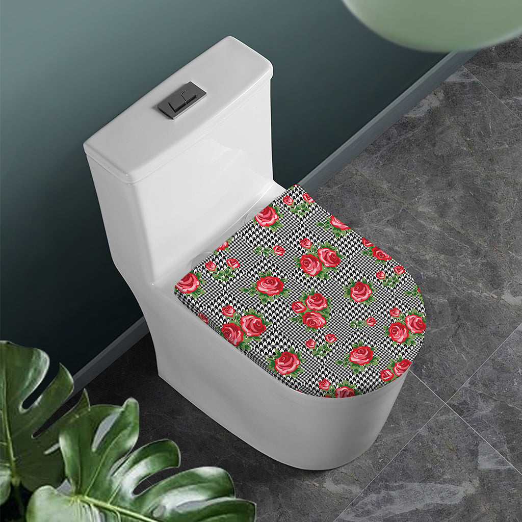 Red Roses Houndstooth Pattern Print Toilet Lid Cover