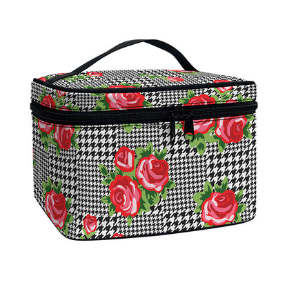 Red Roses Houndstooth Pattern Print Travel Makeup Bag