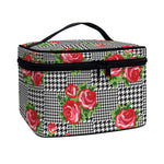 Red Roses Houndstooth Pattern Print Travel Makeup Bag