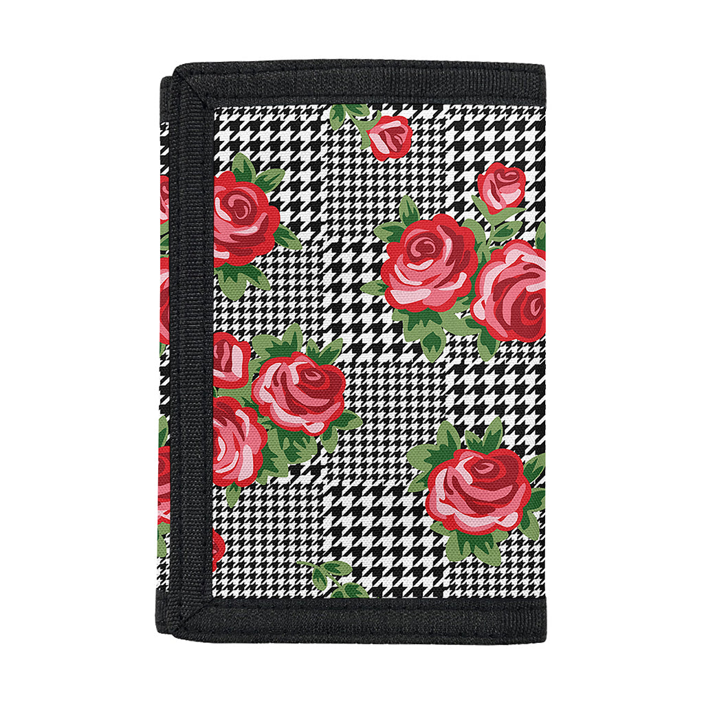Red Roses Houndstooth Pattern Print Trifold Wallet