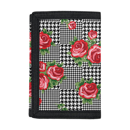 Red Roses Houndstooth Pattern Print Trifold Wallet
