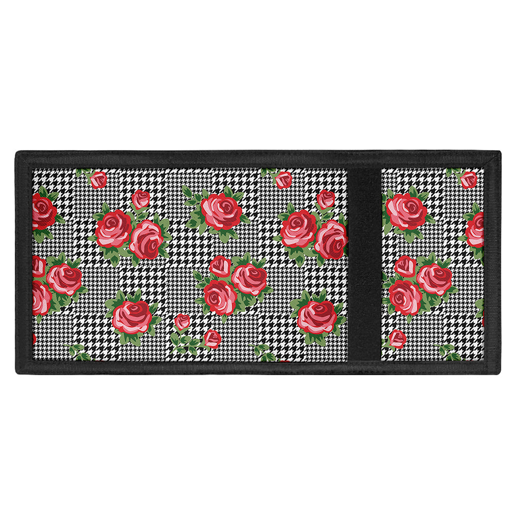 Red Roses Houndstooth Pattern Print Trifold Wallet