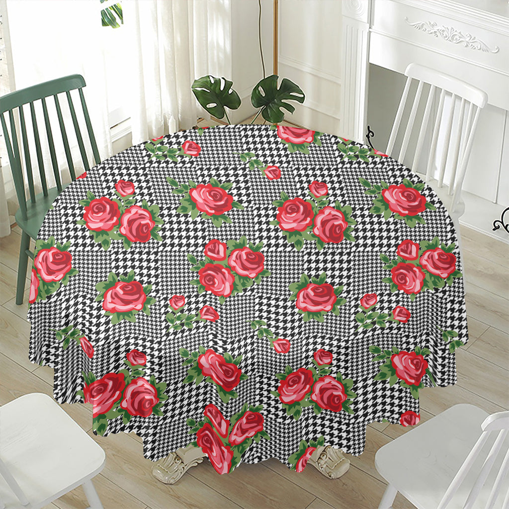 Red Roses Houndstooth Pattern Print Waterproof Round Tablecloth