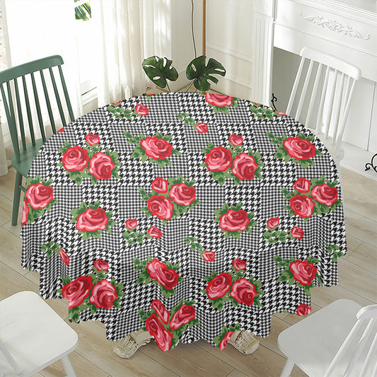 Red Roses Houndstooth Pattern Print Waterproof Round Tablecloth