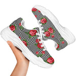 Red Roses Houndstooth Pattern Print White Chunky Shoes