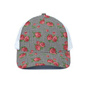 Red Roses Houndstooth Pattern Print White Mesh Trucker Hat