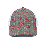 Red Roses Houndstooth Pattern Print White Mesh Trucker Cap