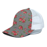 Red Roses Houndstooth Pattern Print White Mesh Trucker Cap