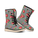 Red Roses Houndstooth Pattern Print Winter Boots