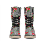 Red Roses Houndstooth Pattern Print Winter Boots