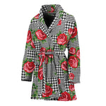 Red Roses Houndstooth Pattern Print Women's Bathrobe