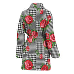 Red Roses Houndstooth Pattern Print Women's Bathrobe