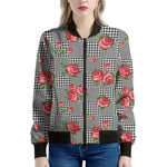 Red Roses Houndstooth Pattern Print Women's Bomber Jacket