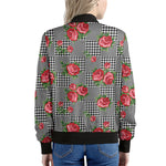 Red Roses Houndstooth Pattern Print Women's Bomber Jacket