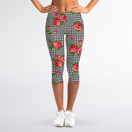 Red Roses Houndstooth Pattern Print Women's Capri Leggings