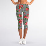 Red Roses Houndstooth Pattern Print Women's Capri Leggings
