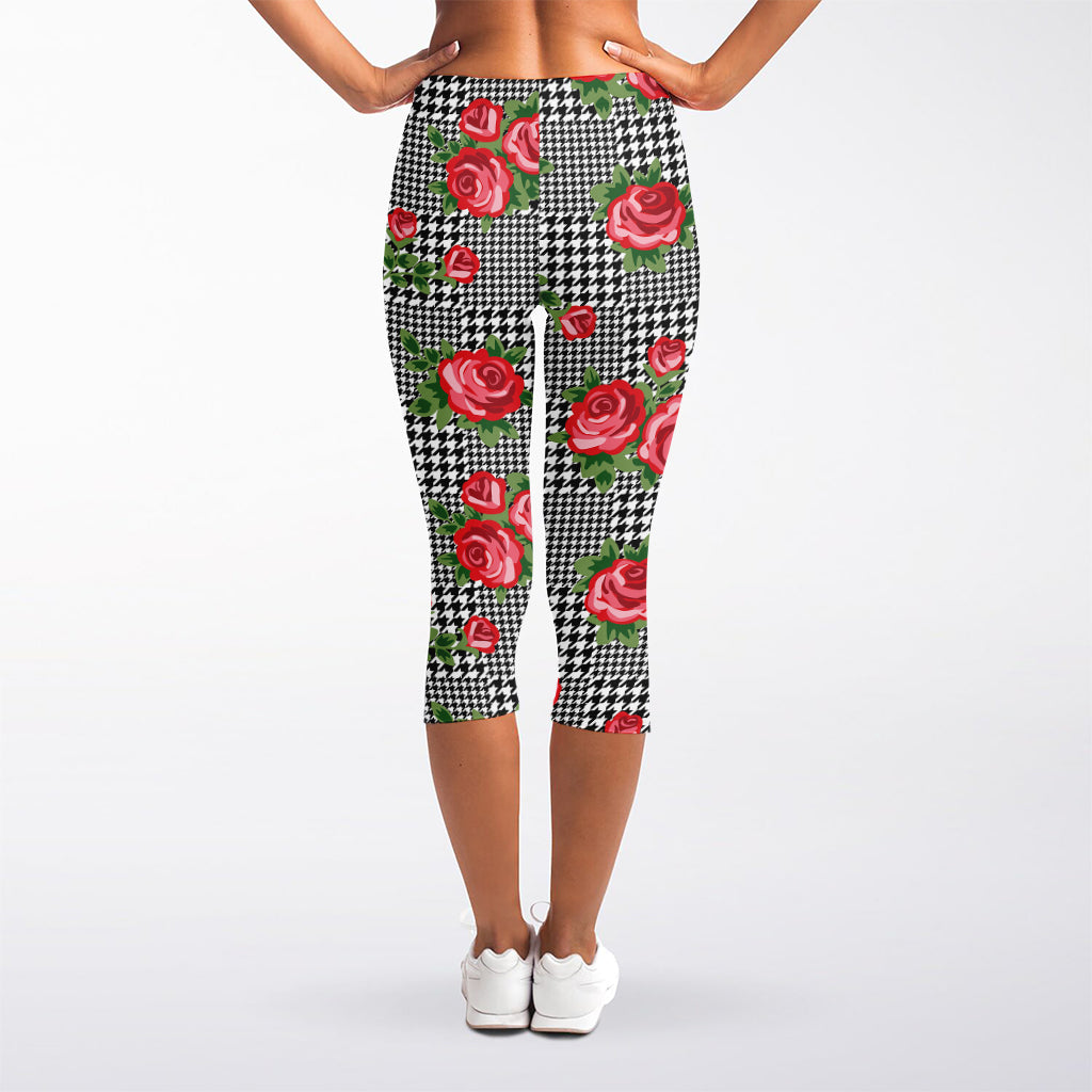 Red Roses Houndstooth Pattern Print Women's Capri Leggings
