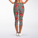 Red Roses Houndstooth Pattern Print Women's Capri Leggings
